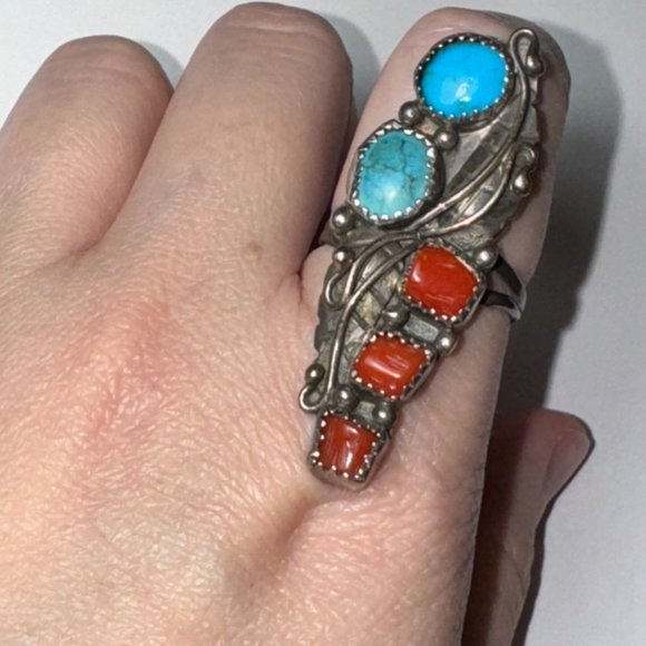 Sterling Silver Turquoise And Coral Ring, Size 9 - Picture 4 of 14